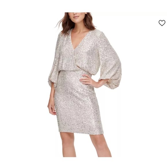ELIZA J Silver Stretch Sequined Zip Blouson Sleeve Cocktail Blouson Dress Sz. 10 - Picture 1 of 11